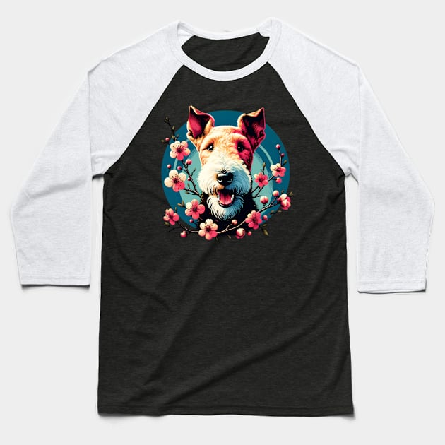 Wire Fox Terrier Joy in Spring with Cherry Blossoms and Flowers Baseball T-Shirt by ArtRUs